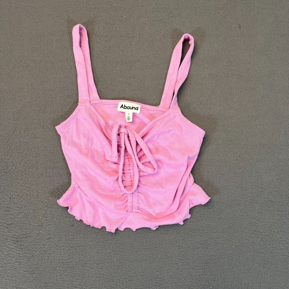 Abound Solid Pink Womens XS Tie Detail Crop Tank Top Cinched Ruffle Hem Ribbed - Picture 5 of 8